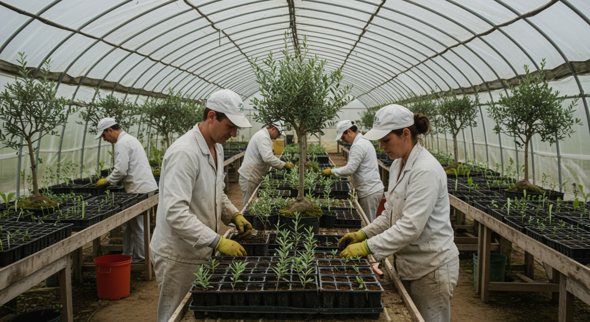 img seccion1 "Trabajadores de un vivero plantando esquejes de olivo en un invernadero iluminado por el sol, rodeados de plántulas en un ambiente natural y cálido."