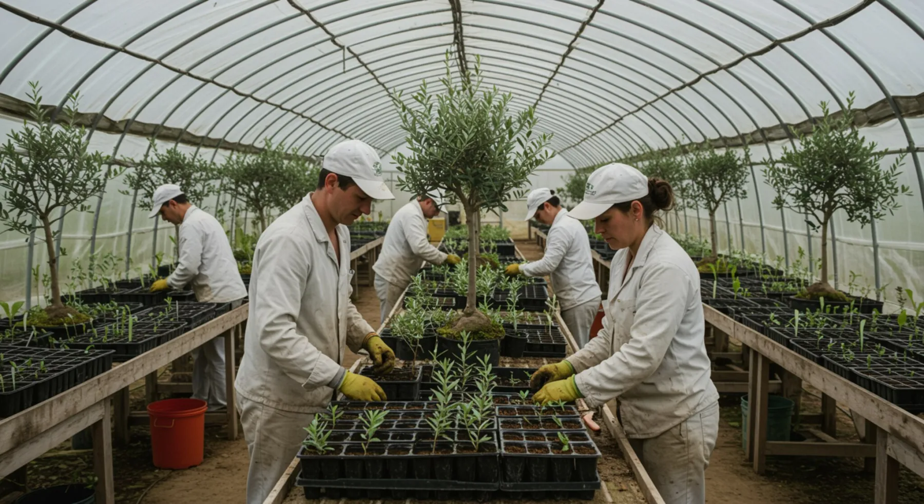 "Trabajadores de un vivero plantando esquejes de olivo en un invernadero iluminado por el sol, rodeados de plántulas en un ambiente natural y cálido."