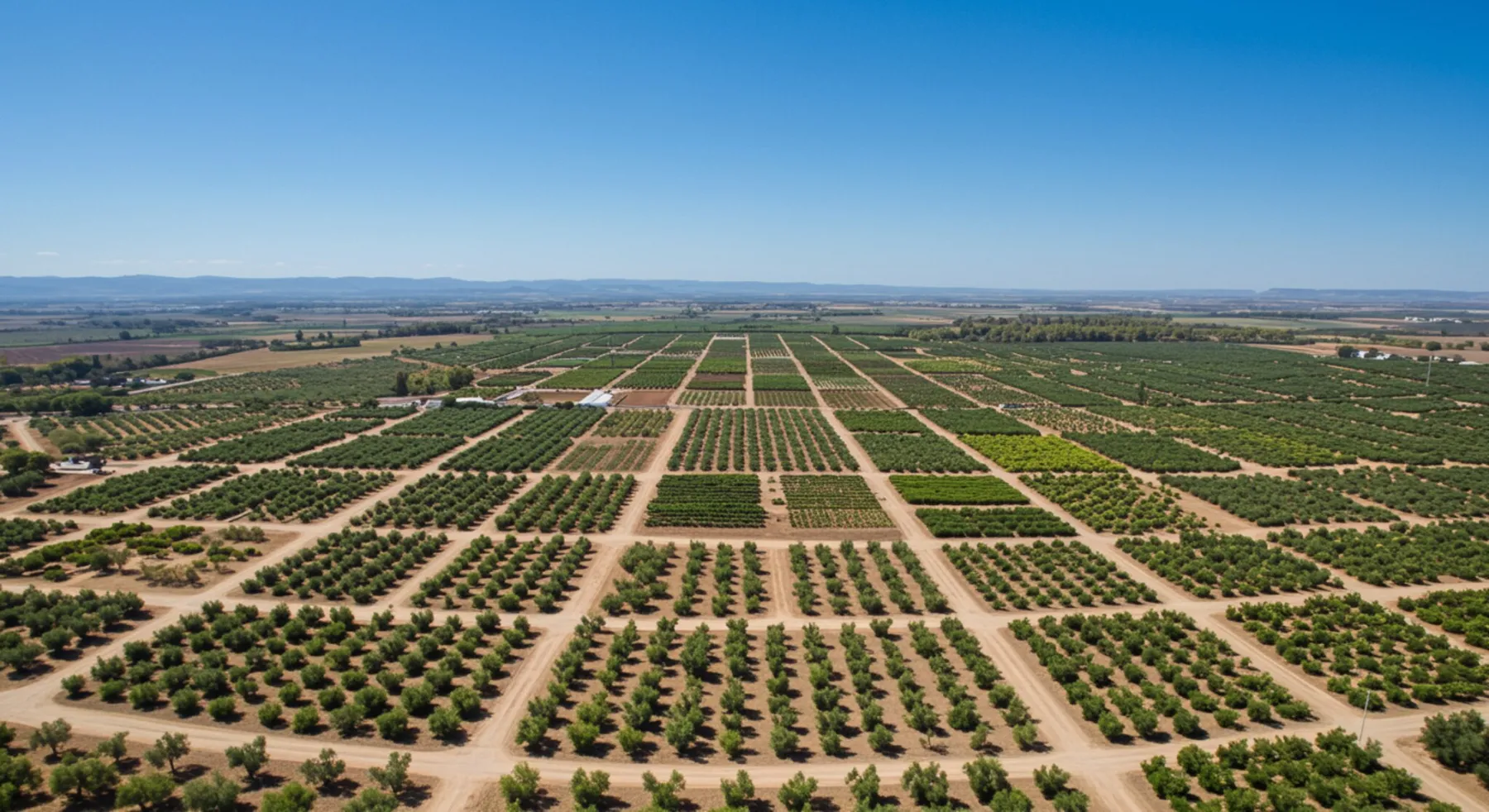 "Vista aérea de un centro de producción de 17,000 m² en el sur de España, con secciones organizadas de olivos, frutales y plantas ornamentales bajo un cielo azul claro."