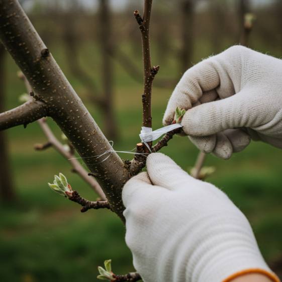 "Proceso de injerto de manzano con mano de jardinero experto uniendo un injerto a un patrón robusto, destacando técnicas de propagación sostenible en un entorno natural."