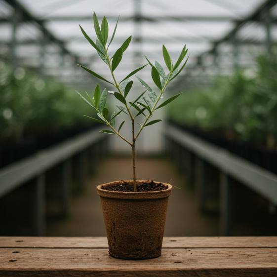 "Fotografía de un plantón de olivo en maceta biodegradable sobre una banca de madera, destacando su calidad premium y el diseño ecológico en un entorno de invernadero iluminado suavemente."