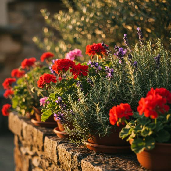 "Macrofotografía de arbustos mediterráneos en macetas de terracota, con geranios rojos y rosas, lavanda y romero, iluminados por la luz dorada del sol."