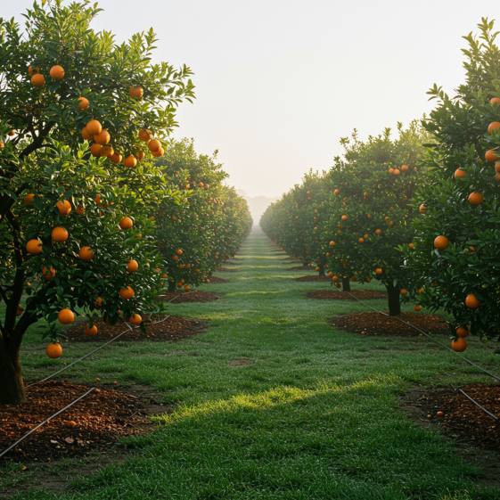 "Orchard de naranjas orgánicas iluminado por el sol, con árboles cargados de frutas, riego por goteo y un ambiente sostenible que resalta la calidad premium de la cosecha."