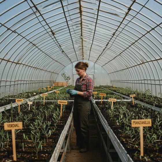 "Interior de un invernadero sostenible con mesas de propagación llenas de esquejes de olivo, donde una agrónoma inspecciona plantas en un entorno iluminado de forma natural."