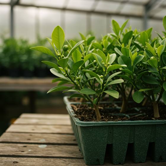 "Plántula de cítrico con hojas verdes brillantes y frutos en brote, en bandeja ecológica, resaltando prácticas de cultivo sostenibles en un entorno luminoso."