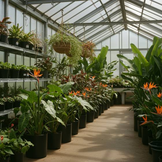 Invernadero moderno con plantas tropicales ornamentales, como filodendros y aves del paraíso, en macetas negras, bajo luz natural que resalta su belleza.
