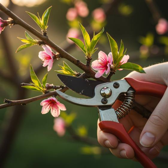 "Jardinera blanca podando una rama de durazno con tijeras de acero inoxidable, rodeada de flores rosadas y hojas verdes, en un entorno de mantenimiento sostenible."
