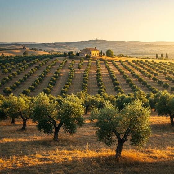 "Vista panorámica iluminada por el sol de un maduro olivar en una colina suave, con árboles de aceituna verdial y manzanilla, resaltando la agricultura ecológica en un paisaje mediterráneo."