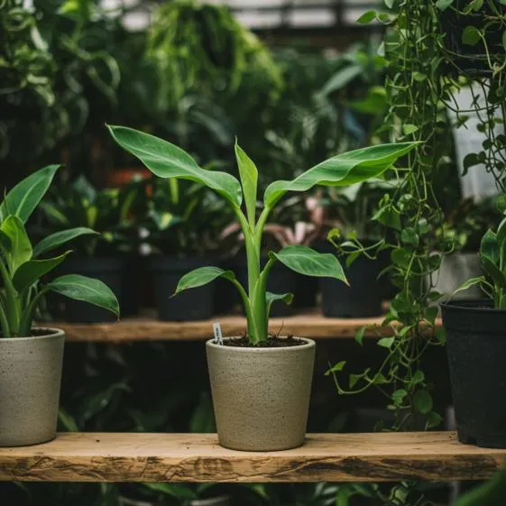 "Plántula tropical en maceta ecológica sobre estante de madera, resaltando la biodiversidad sostenible y el diseño moderno."