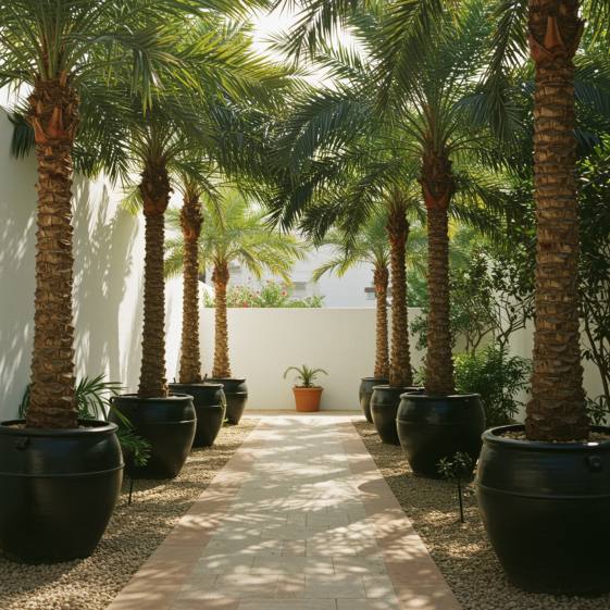 "Camino sereno en un jardín con palmeras mediterráneas en macetas de cerámica negra, resaltando un paisaje elegante y de fácil mantenimiento."