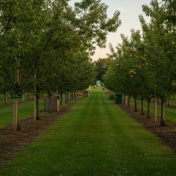 "Orchard panorámico de frutas mixtas con cerezos, ciruelos y perales en filas ordenadas, resaltando la biodiversidad y prácticas sostenibles al atardecer."