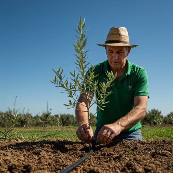 "Retrato ambiental de un agricultor blanco cuidando olivos, ajustando un emisor de riego por goteo para la conservación del agua bajo un cielo azul."