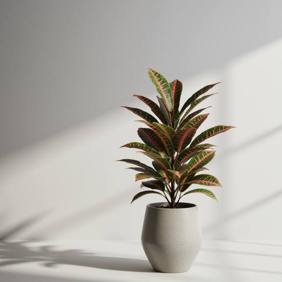"Planta ornamental en maceta de cerámica elegante sobre fondo blanco, ideal para decoración interior o de patio en catálogos de viveros."