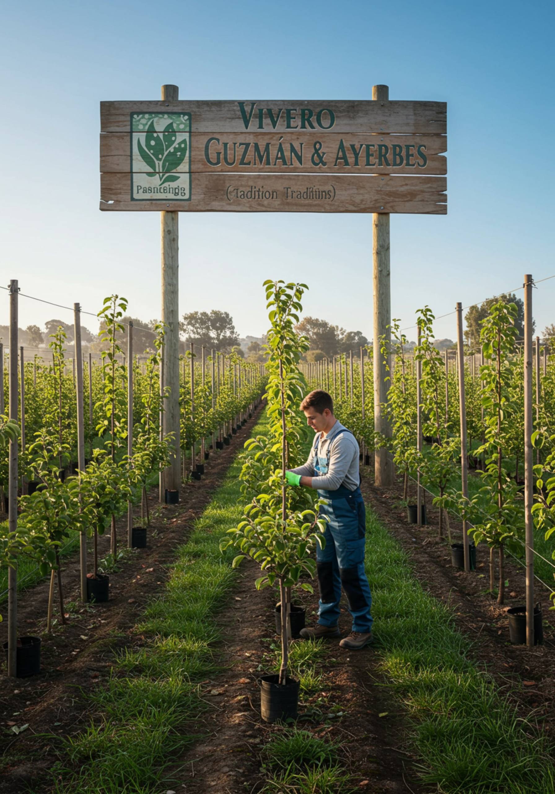 "Vivero Guzmán & Ayerbes: imagen de un vivero sostenible con jóvenes manzanos, perales y cerezos bajo luz matutina, destacando prácticas de cultivo ecológicas."