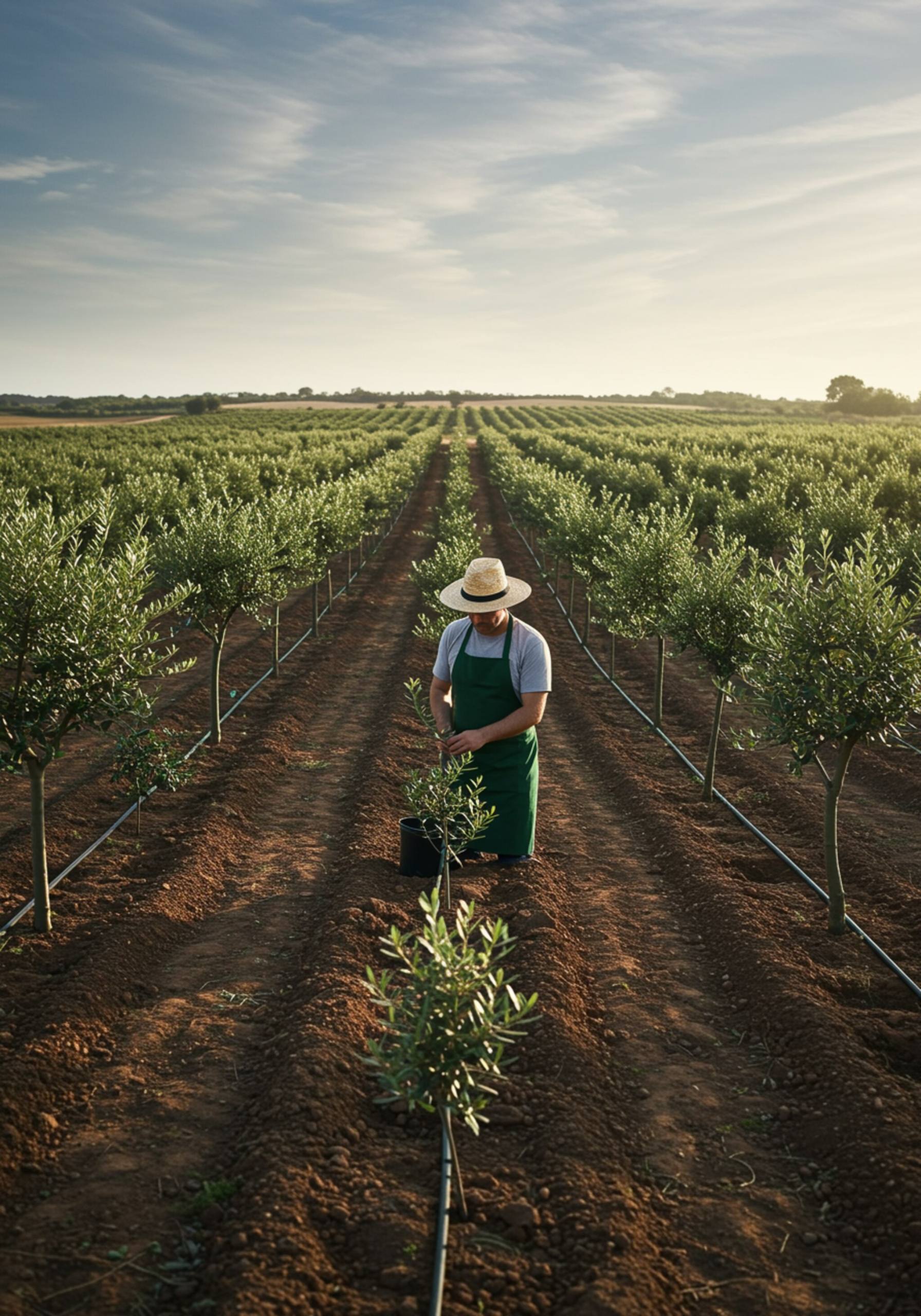 "Fotografía de un vivero de olivos con filas de plantones de manzanilla y verdial, un horticultor examinando una plántula, y sistema de riego por goteo, destacando la tradición y sostenibilidad en la agricultura."