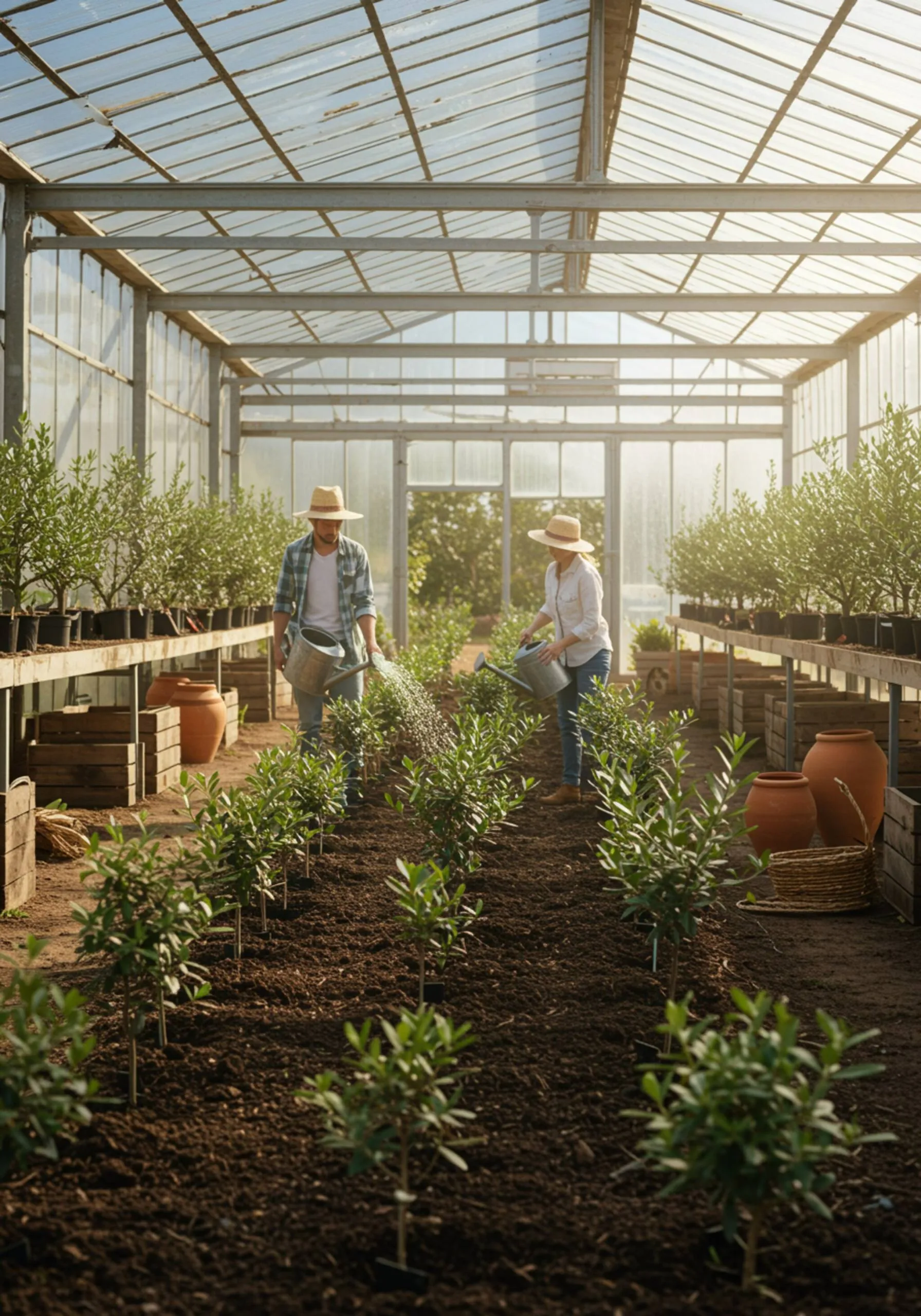 "Ilustración digital fotorealista de un vivero soleado especializado en olivos, mostrando agricultores cuidando plantas en un ambiente ecológico."