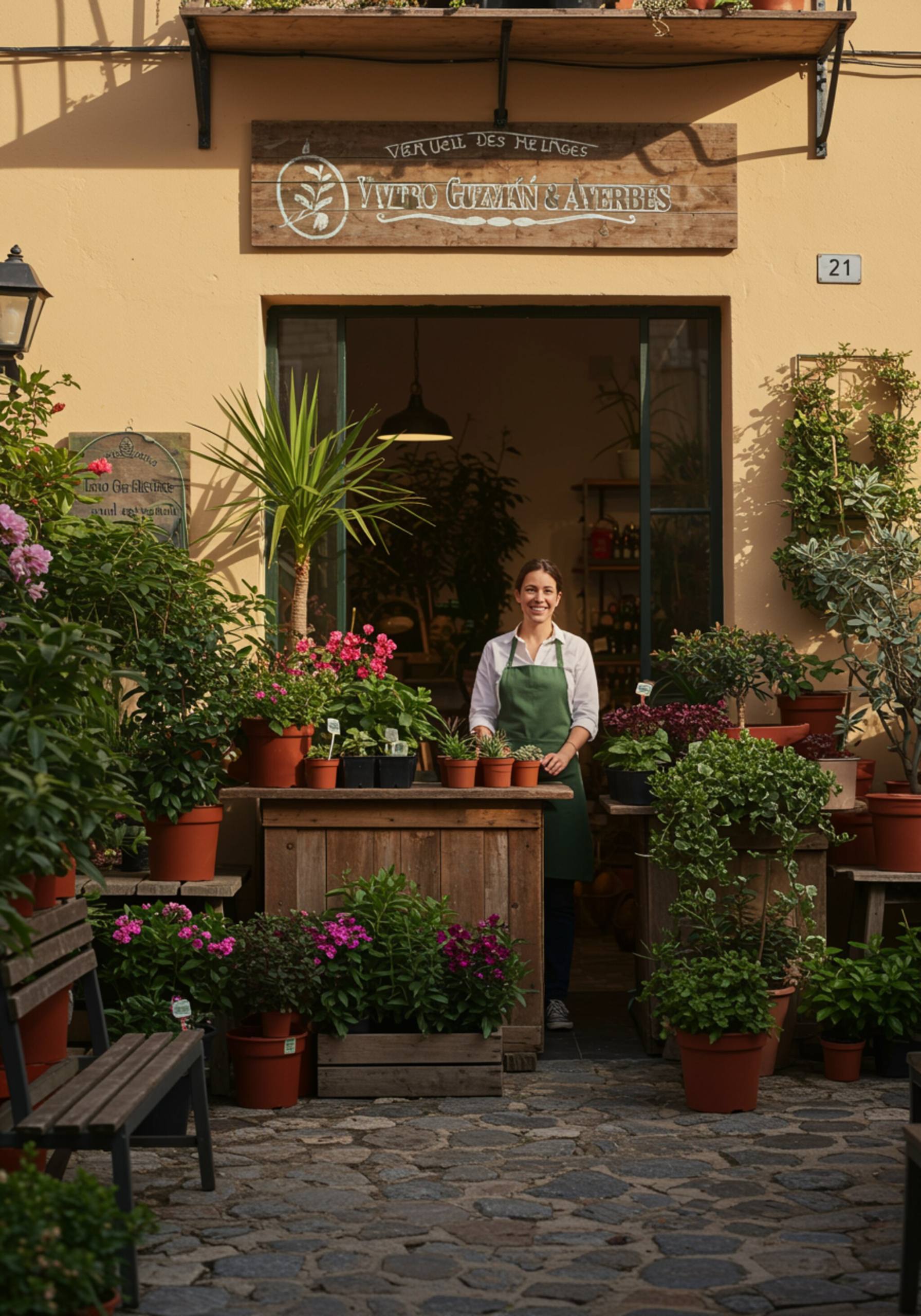"Vivero Guzmán & Ayerbes: tienda de plantas mediterráneas con decoración rústica, iluminación cálida y una amplia variedad de plantas ornamentales."